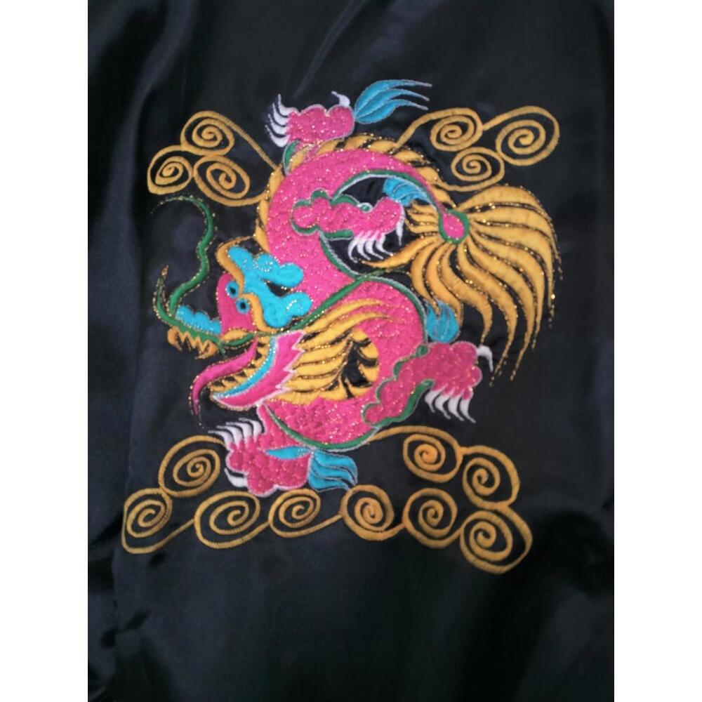 Reversible Satin Dragon Kimono Robe Green & Black Embroidered Vintage Style M - Picture 8 of 14